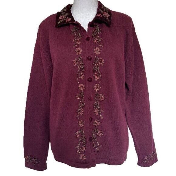 Vintage Beaded Sweater Size M Velour Collar Burgundy Wine Red Tiara - Picture 1 of 7